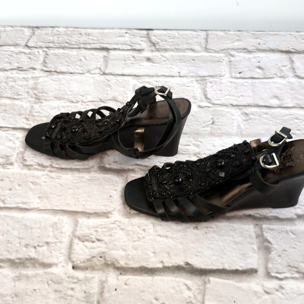 Vince Camuto Black Leather Embellished Wedge Sandals Womens 8.5 Beaded Gladiator - Picture 4 of 7